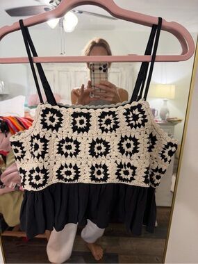 Lucky Brand Black & Cream Crochet Trim Camisole